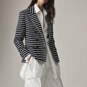L.K. Bennett Navy & White Striped Double-Breasted Blazer Sz 8 Tailored Nautical
